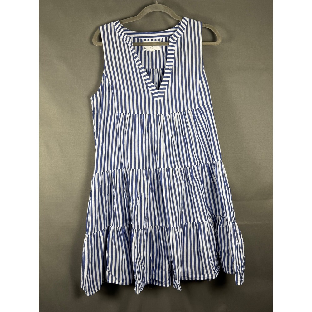 Pomander Place Tiered Mini Dress Women XL Blue White Striped Sleeveless Cotton